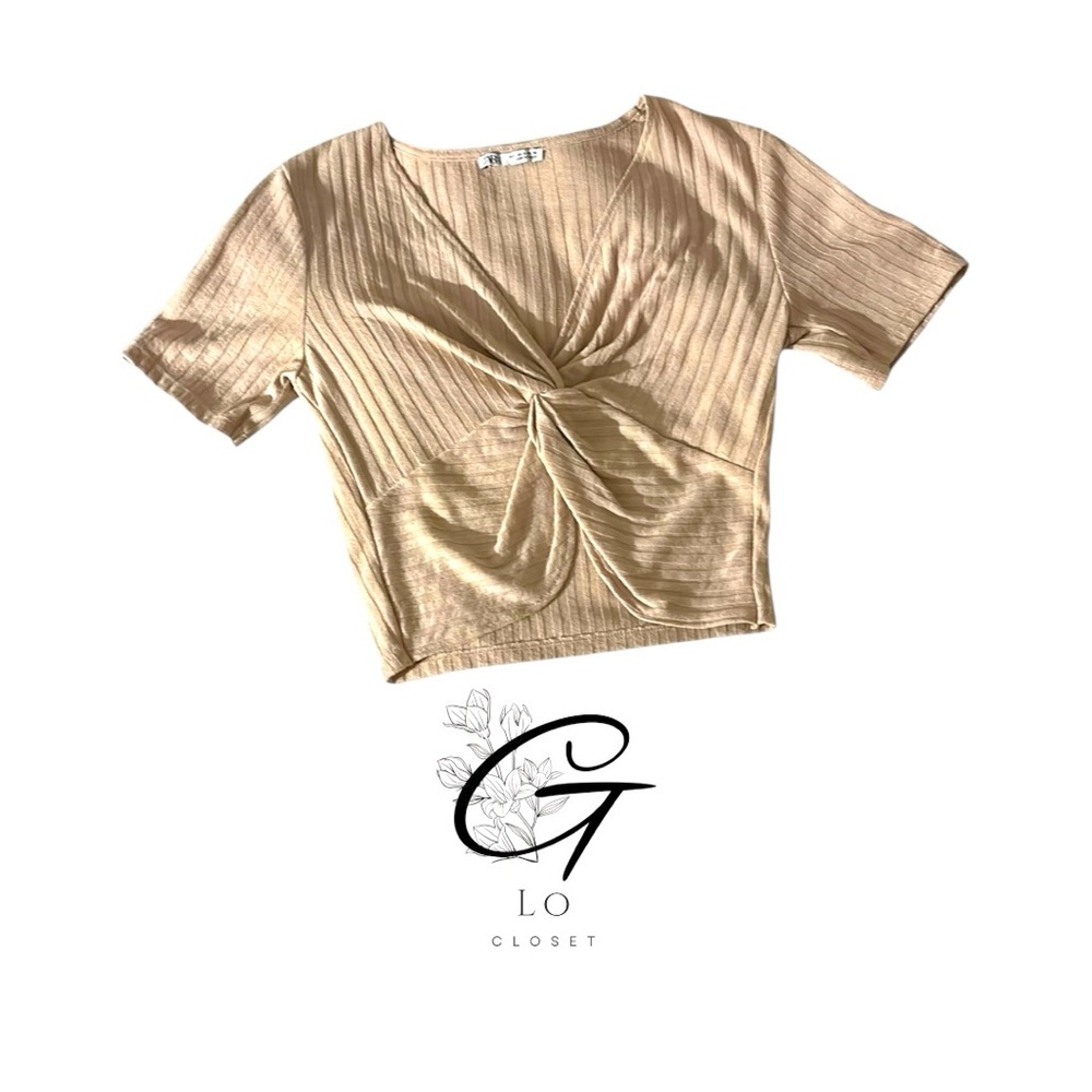 Zara Beige V Neck Ribbed Twist Front Crop Top